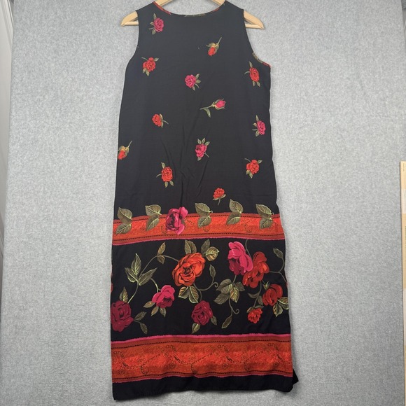 Vintage Caribou Dress Womens Large Black Red Floral Sleeveless Maxi Made USA 90s - Picture 2 of 7